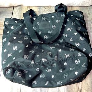 PINK Victoria's Secret Black Silver Large Canvas Shopper Shoulder Bag Purse Tote